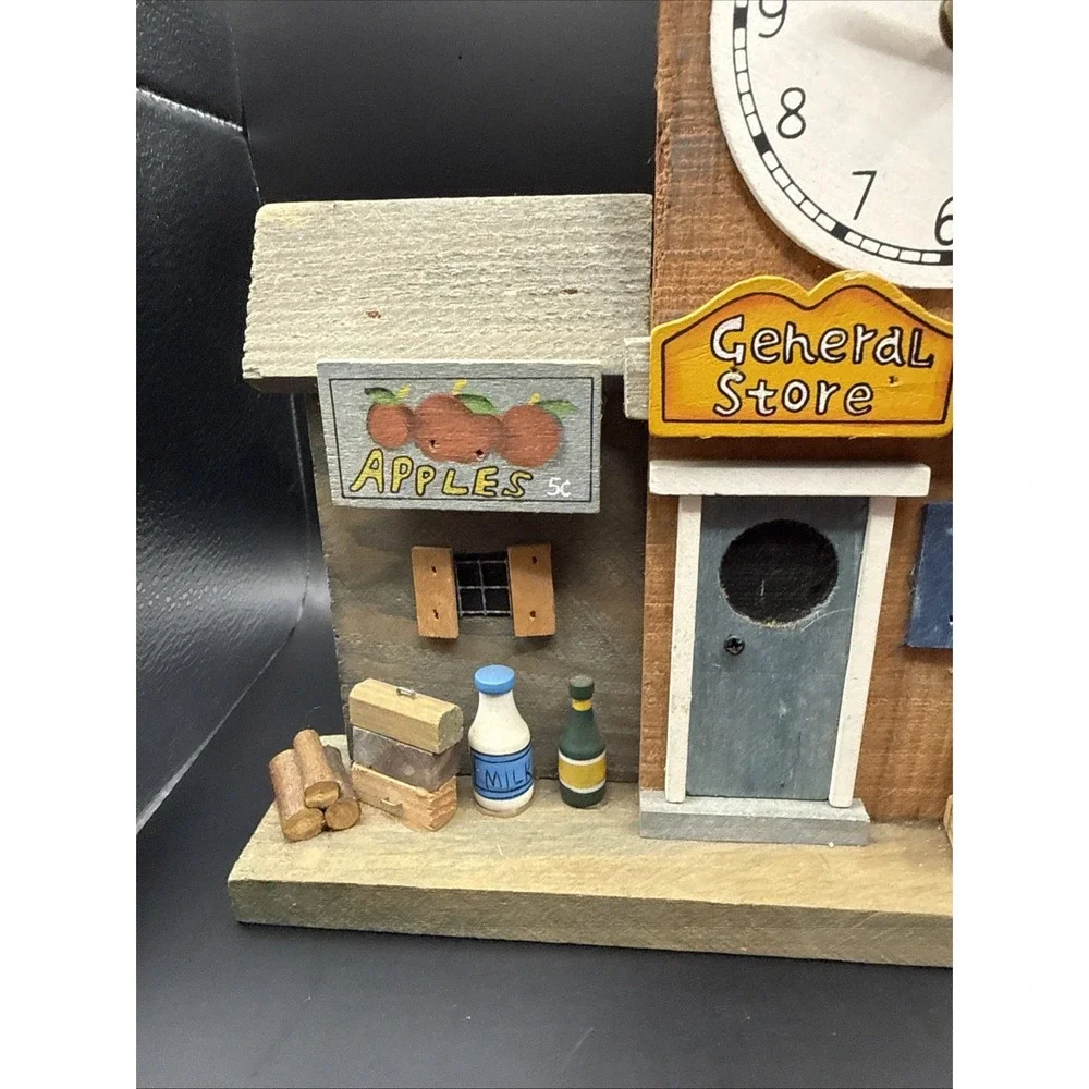 VTG Small Town Store Mantel Wood Decorative with Clock Handmade Cottage Core